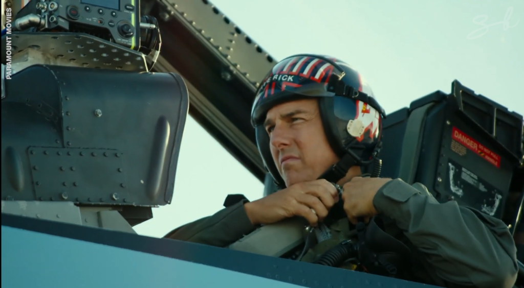Tom Cruise in a cockpit while shooting Top Gun: Maverick.