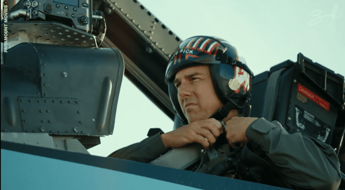 Actors doing movie stunts: Tom Cruise in a cockpit while shooting Top Gun: Maverick.