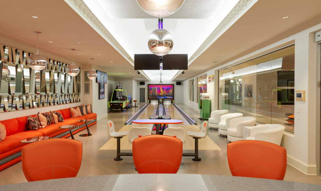 A bowling alley is pictured inside this luxury home.