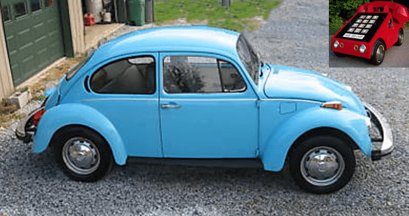 The phone car before its transformation, in its original form of a Volkswagen Beetle.