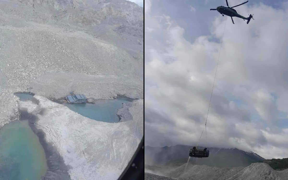 Black Hawk forced to rescue Jeep after driver gets it stuck on a remote Alaskan glacier