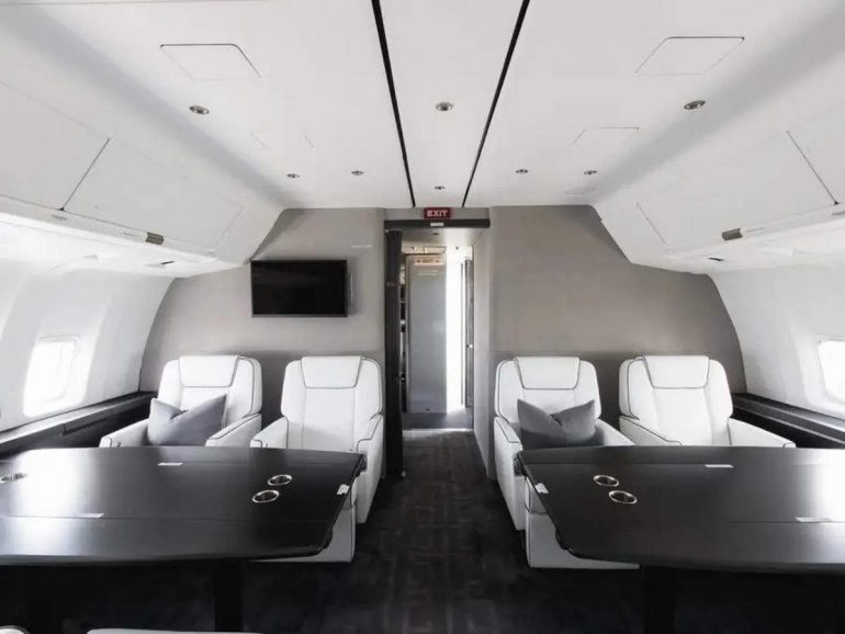The aviation-grade leather seats aboard the private jet