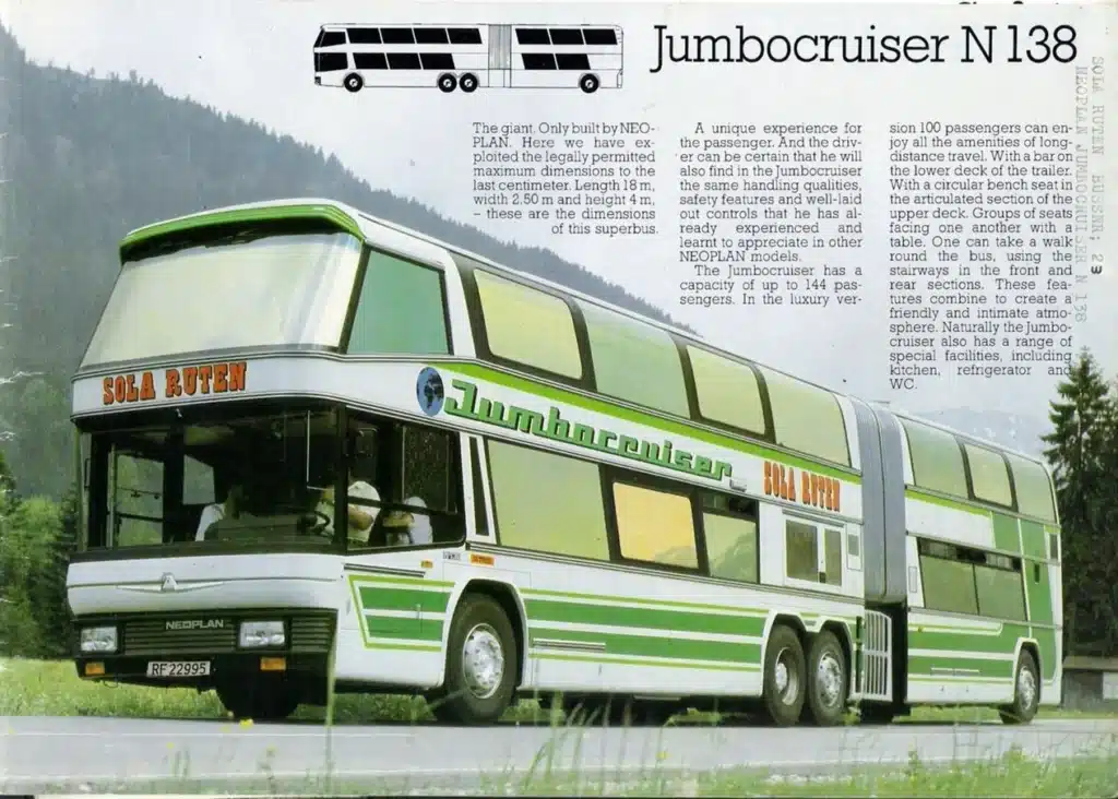 A Neoplan bus that was the world's largest bus carried 144 people and was so big it was like an Airbus A380 on the highway