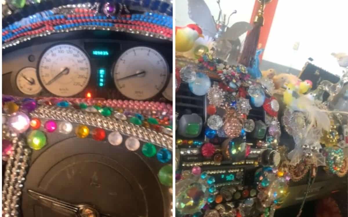 The inside of a bejewelled car posted on the just rolled into the shop subreddit.