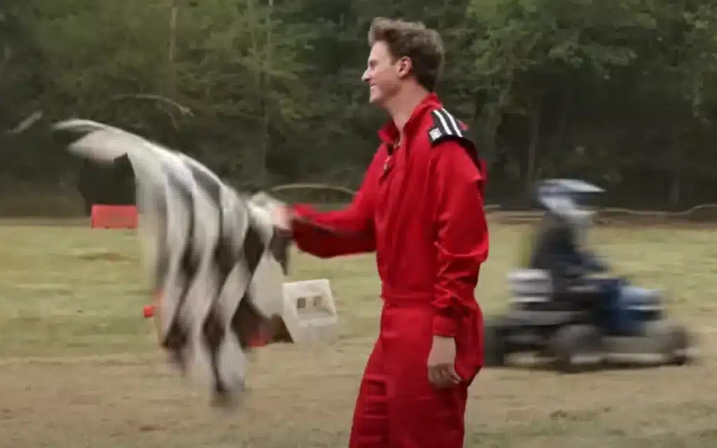 YouTuber Max Fosh sneaks F1 driver Jack Aitken into a lawnmower race, only for locals to outdrive him and claim bragging rights