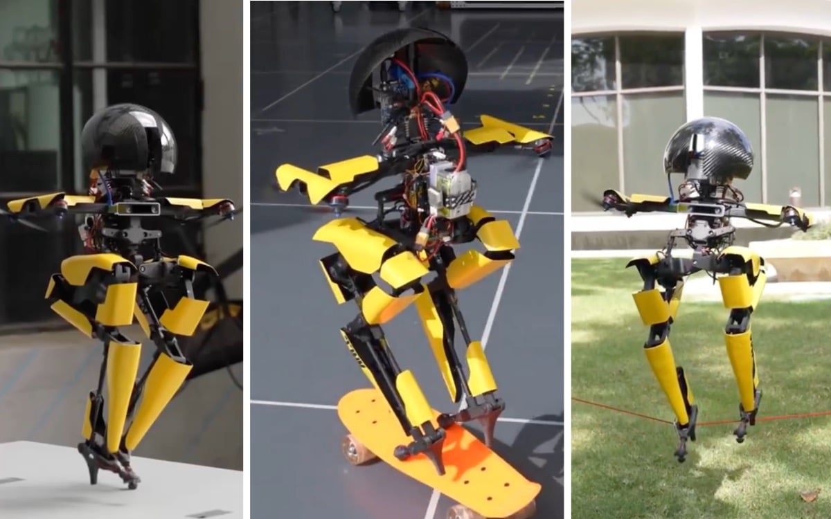 LEO, a bipedal robot that can walk, fly and skateboard, was created by researchers at Caltech