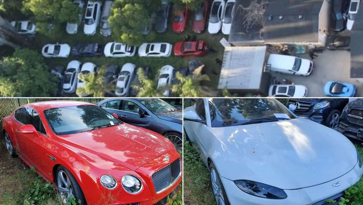 An aerial view of the California car haul pictured with a Bentley and Aston Martin.