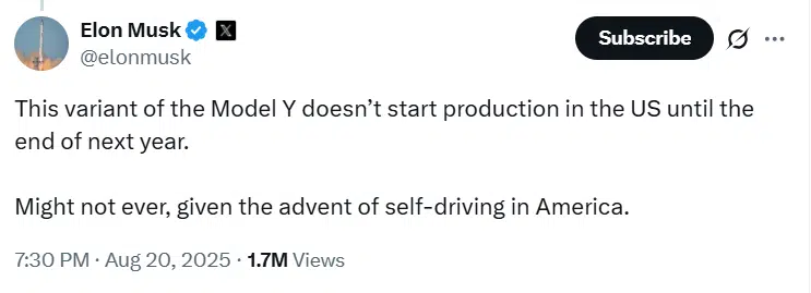 Tesla boss Elon Musk has said the Model Y L, which recently launched in China, ‘might not ever’ come to the US market.