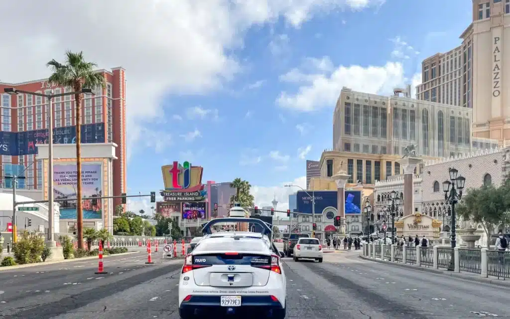 Nuro tests its self-driving car on the Las Vegas Strip, sharing footage of smooth, autonomous driving as it gears up for future robotaxi launches