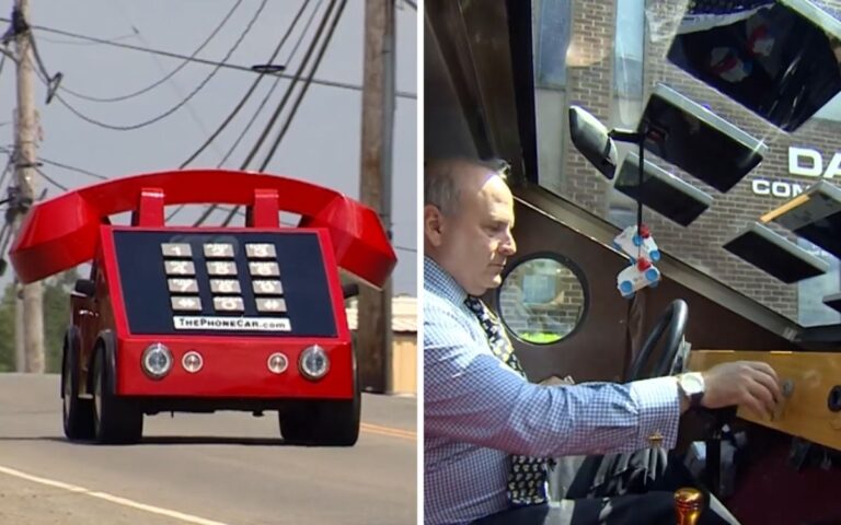 Pictured is the phone car and its owner Howard Davis inside it.
