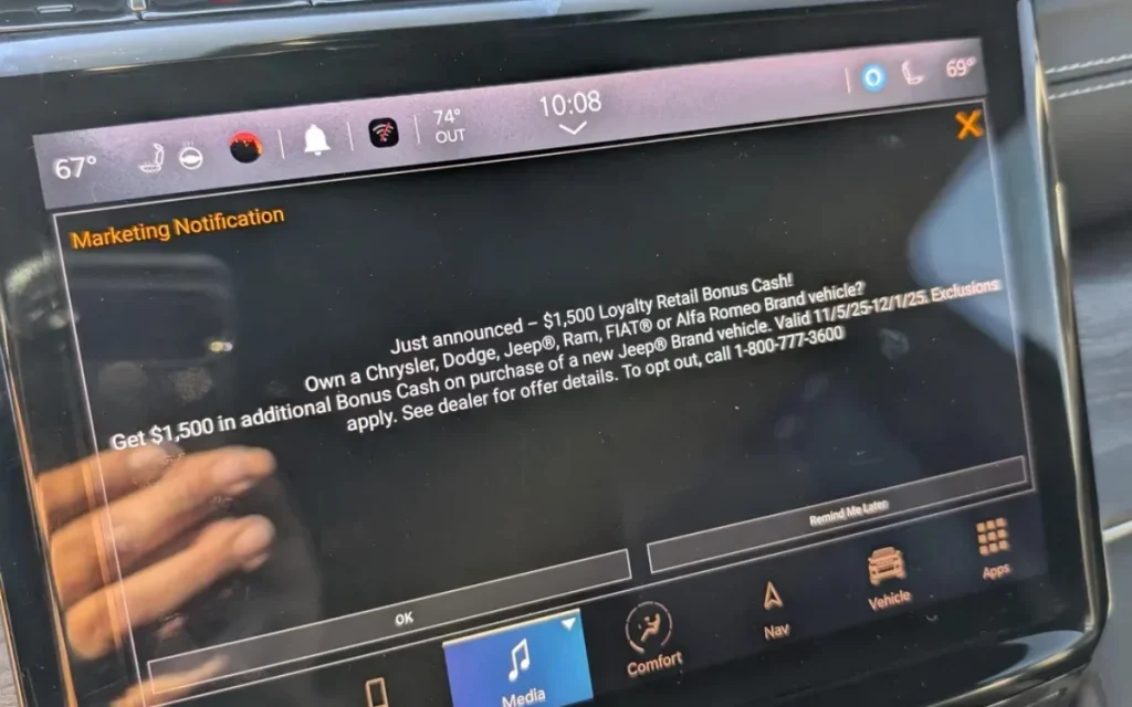 Jeep owners say their cars are now displaying pop-up ads, sparking comparisons to smart-fridge alerts and raising concerns about where in-car tech is heading