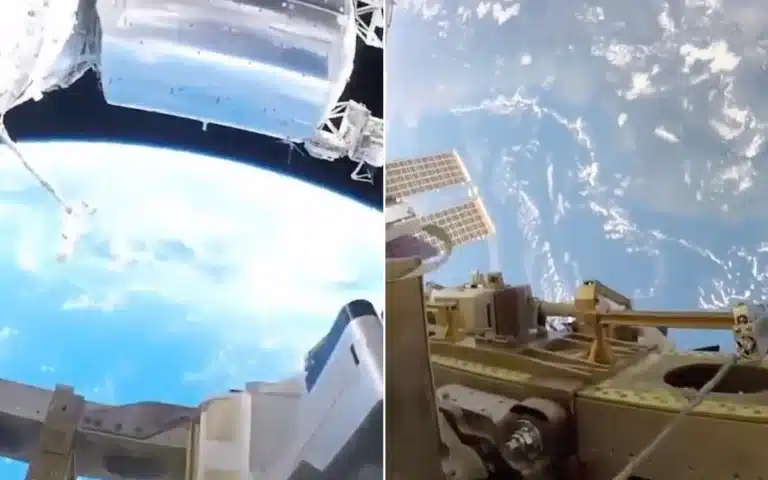 Footage shows the POV of a spacewalk on the ISS traveling at 17,500 mph