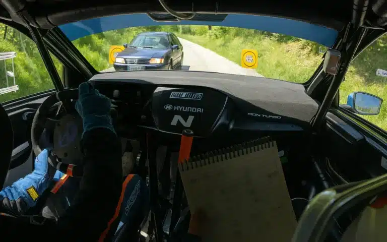 This is the nail-biting moment a rally driver showcased his super-human reaction times after a road car took a wrong turn onto the course