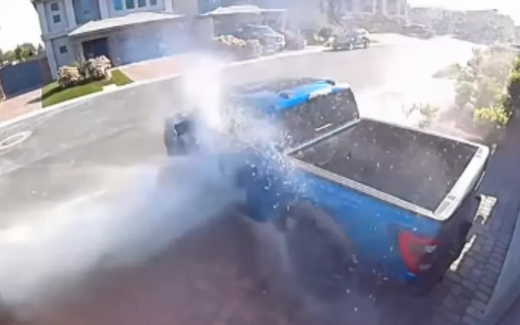A viral clip shows a fire hydrant exploding beside a Ford Raptor, blasting it with high-pressure water but the result surprised viewers