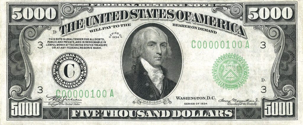 rare $1,000 bill compared to $5,000 bill
