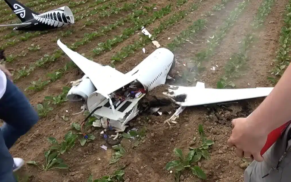 An American builder’s hand-crafted RC Boeing 787 took off flawlessly, but minutes later a wingtip stall sent it crashing in flames