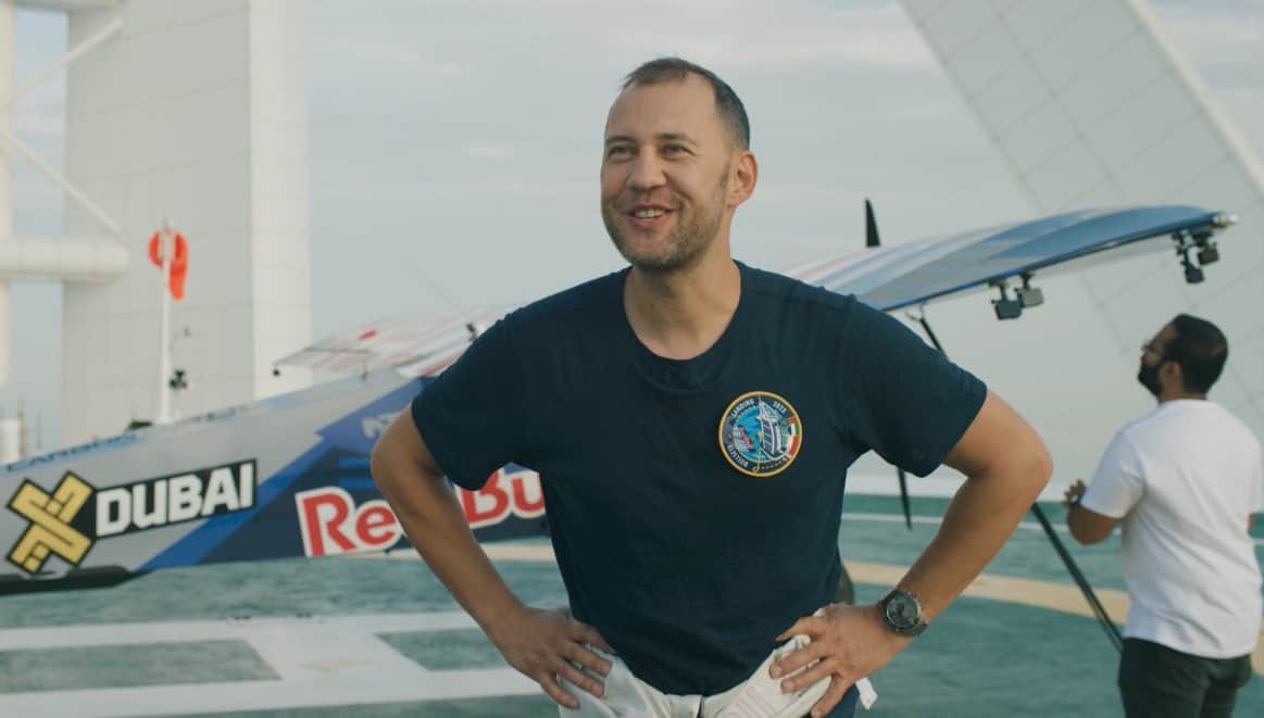 Pilot Lukas Czepiela celebrates landing on the helipad
