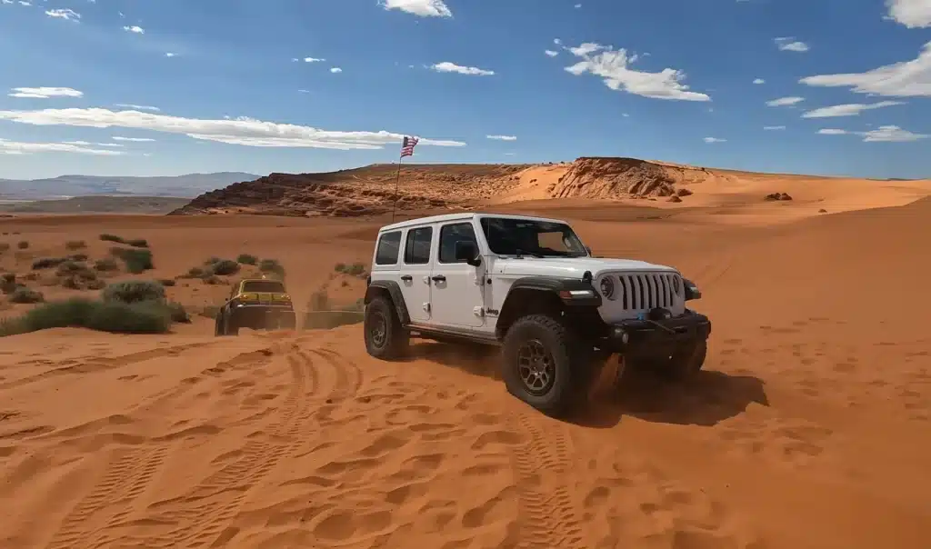 electric Jeep Wrangler stuck in Utah sand dunes