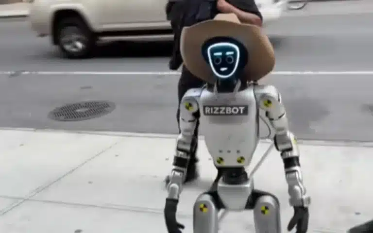A cowboy-hat-wearing humanoid robot named Rizzbot shocked New Yorkers by shouting viral meme sounds on the street, and it has TikTok users freaking out