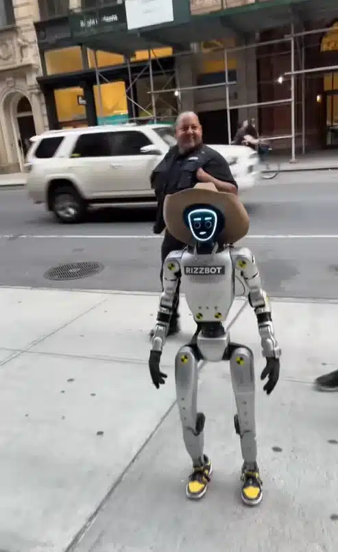 A cowboy-hat-wearing humanoid robot named Rizzbot shocked New Yorkers by shouting viral meme sounds on the street, and it has TikTok users freaking out
