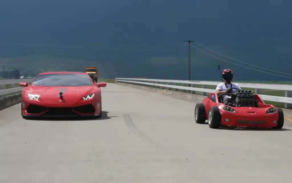 A Corvette bed turned go kart hits nearly 50mph, cruises alongside a Lamborghini, and wins over the internet with equal parts chaos, ingenuity, and pure fun