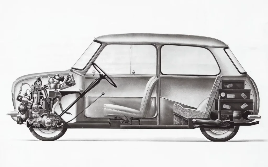 The 1959 Mini Cooper introduced a space-saving front-wheel-drive layout that reshaped car design and is still used in most modern vehicles today