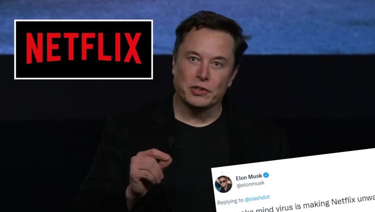 Elon Musk is pictured with an inset of a Netflix logo and one of his tweets.