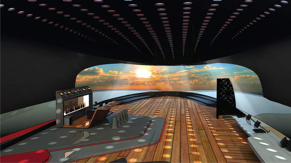 Render shows the bar and dance floor on the would-be Tesla yacht