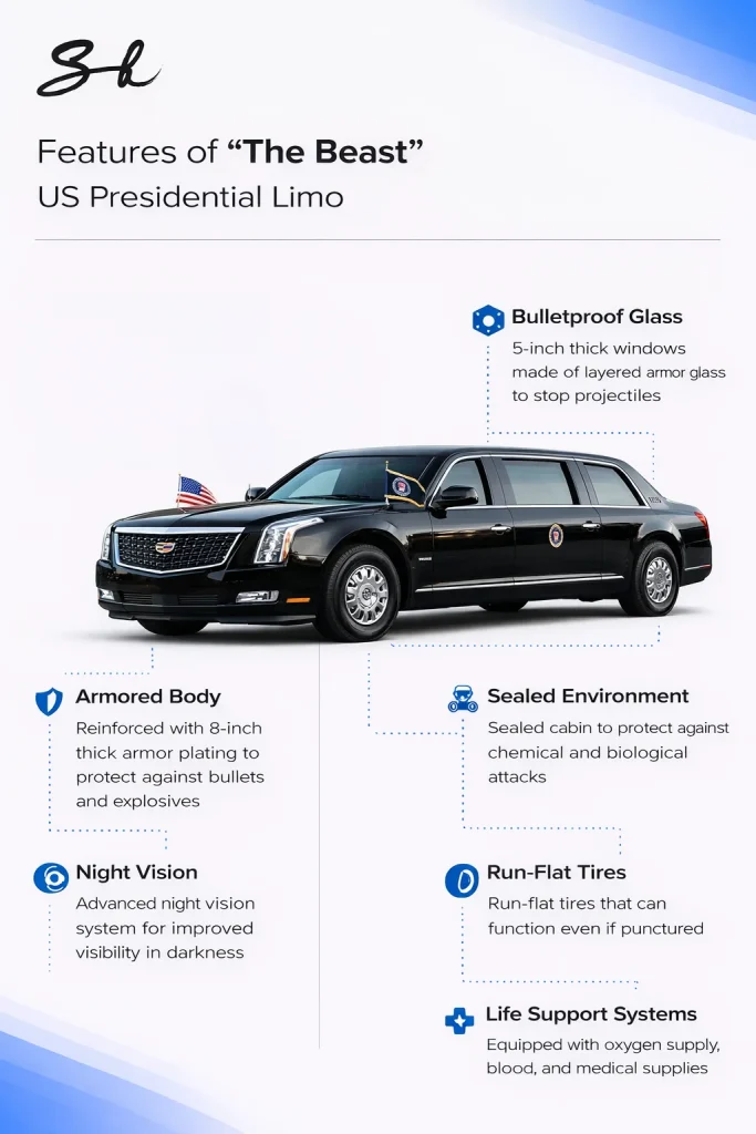 The heavily-armored V8-powered US Presidential limousine is nicknamed ‘The Beast,’ and a quick look at some of its impressive features reveals why
