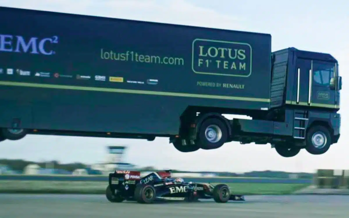 Lotus truck makes insane 87-foot jump over F1 car in remarkable footage
