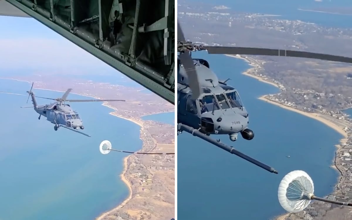 Helicopter frantically refueling mid-air