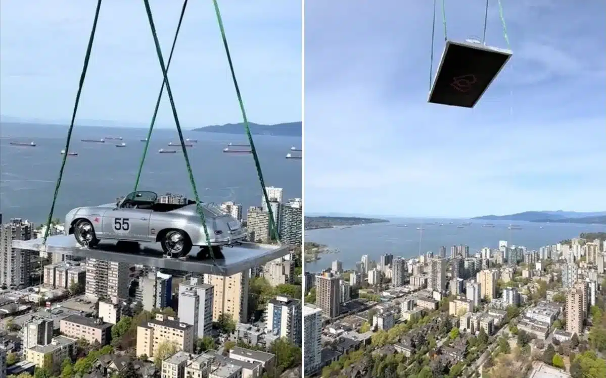 Luxury vintage car hoisted 58 stories by crane to penthouse in Canada