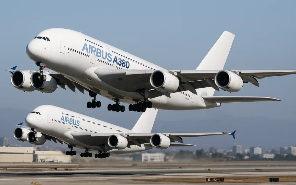 Two Airbus A380s departed back-to-back at LAX, and LA Flights Live caught the second jet getting rattled hard by wake turbulence