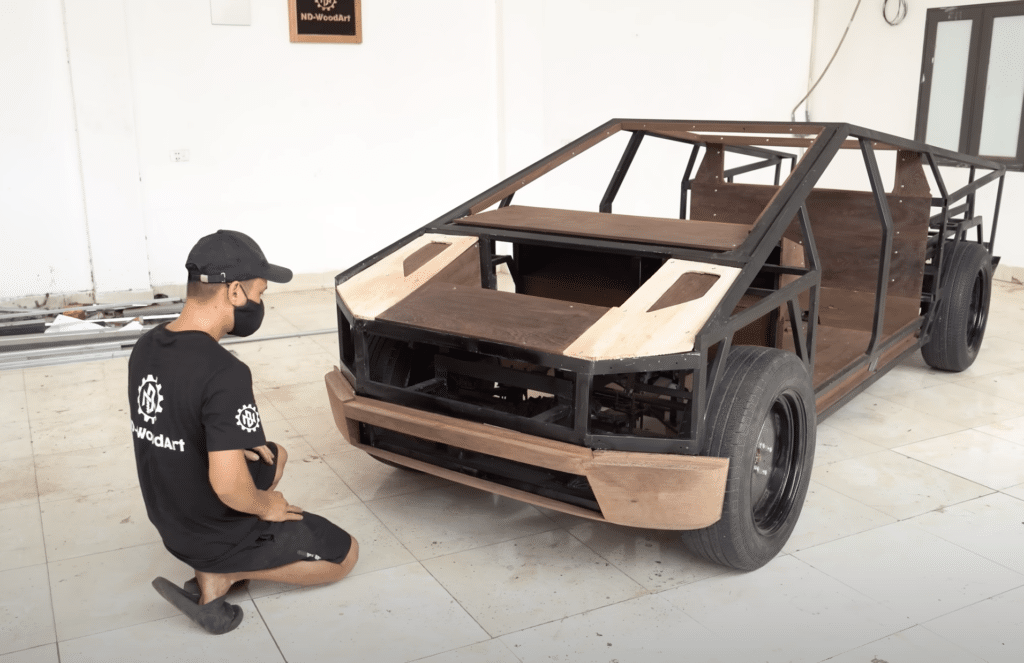 Dad builds wooden Cybertruck and Cyberquad for son in just 100 days
