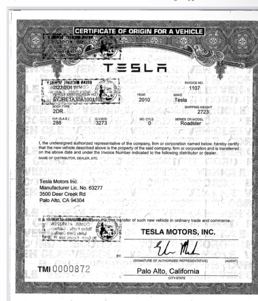 zero-mile Tesla Roadsters, docs